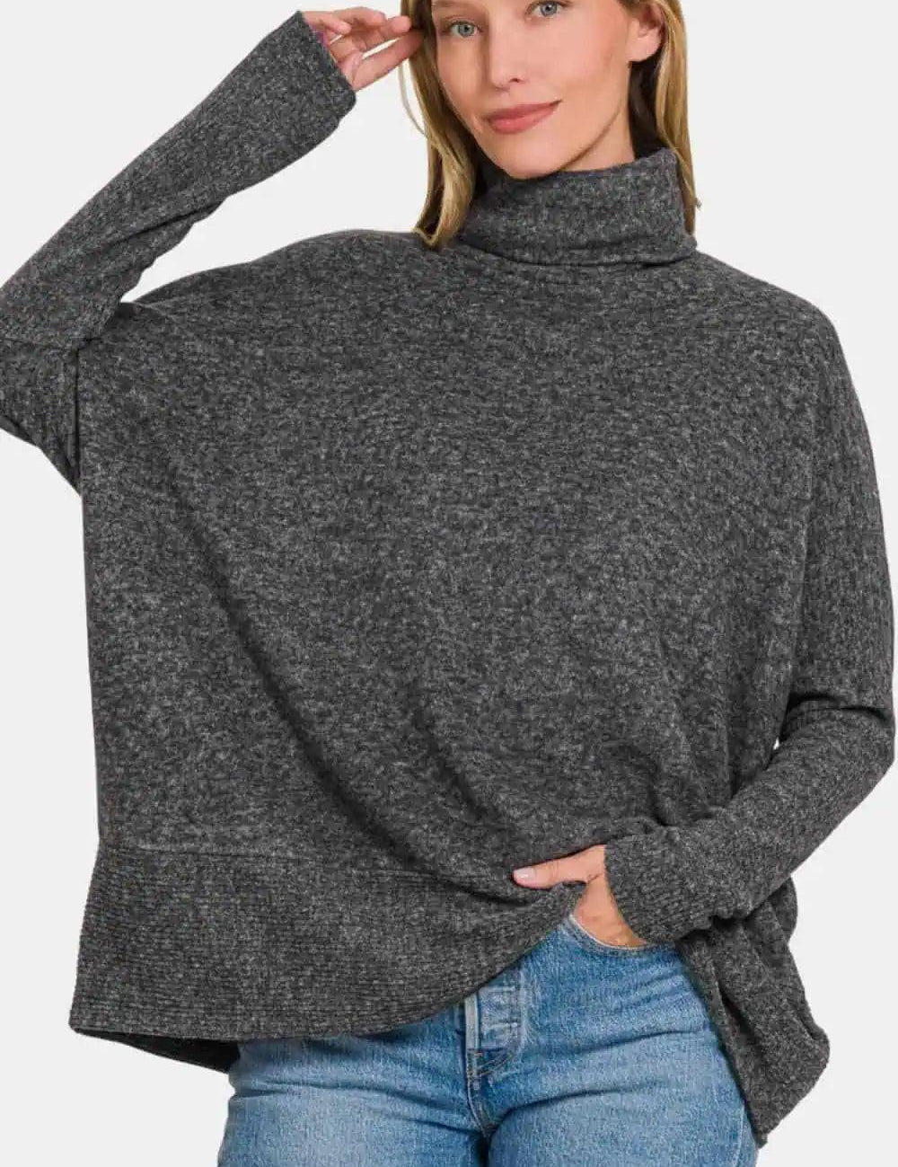 Brushed Melange Hacci Black Turtleneck Sweater | Sweaters Daverri Fashions