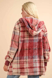 VERY J Fuzzy Plaid Long Sleeve Hooded Jacket | Jackets Daverri Fashions