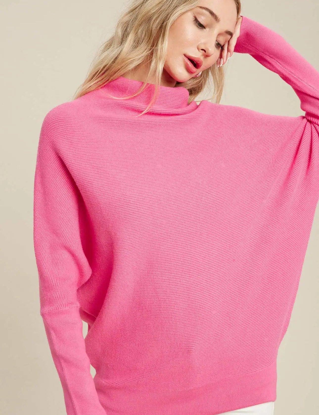 Hot Pink Slouch Neck Dolman Sleeve Sweater | Sweaters Daverri Fashions