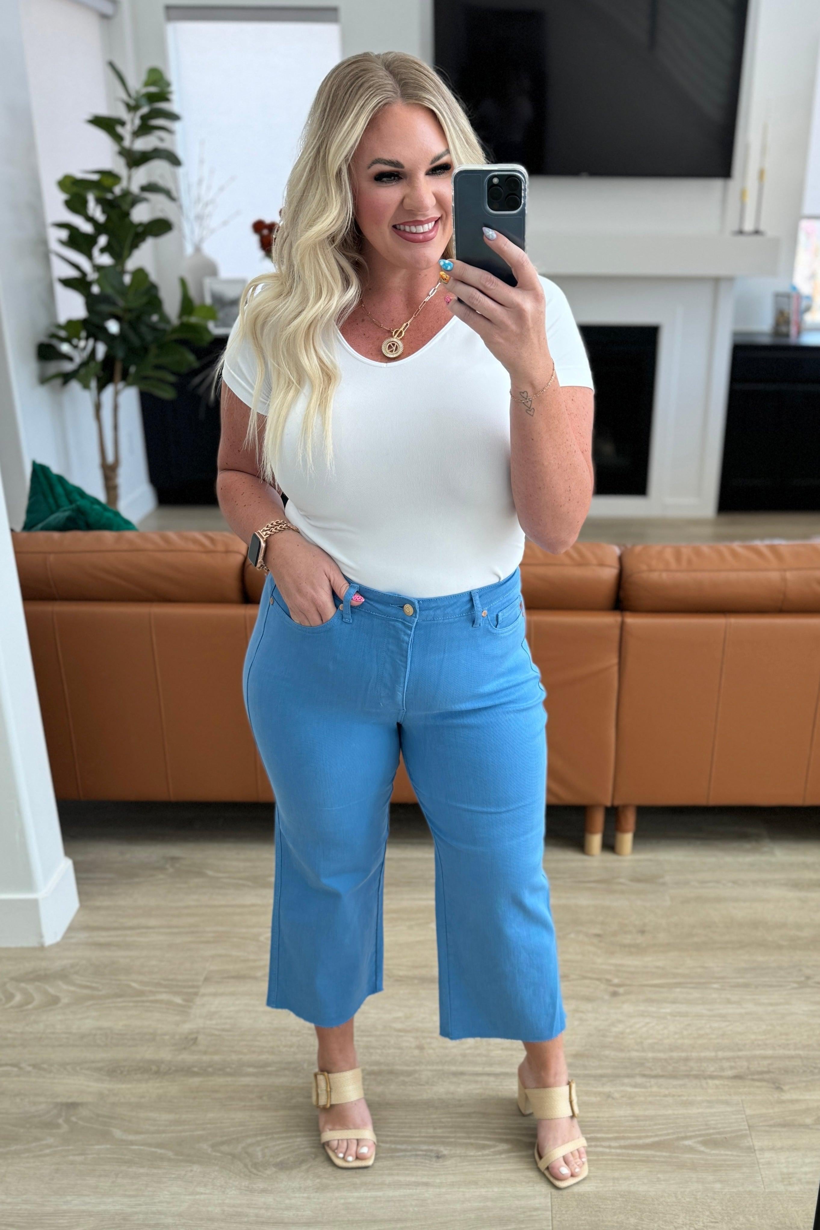 Lisa High Rise Control Top Wide Leg Crop Jeans in Sky Blue | Jeans Daverri Fashions