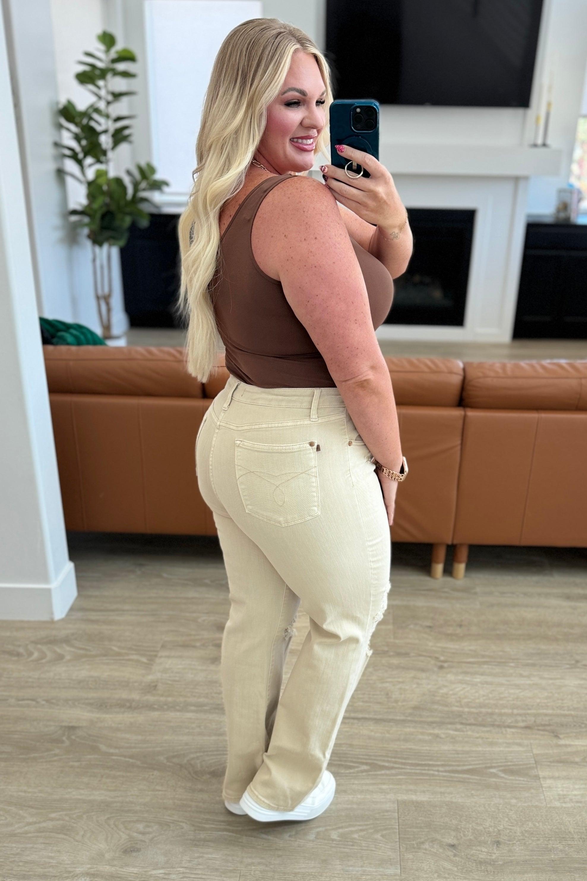 Selena High Rise Distressed 90's Straight Jeans in Bone | Jeans Daverri Fashions