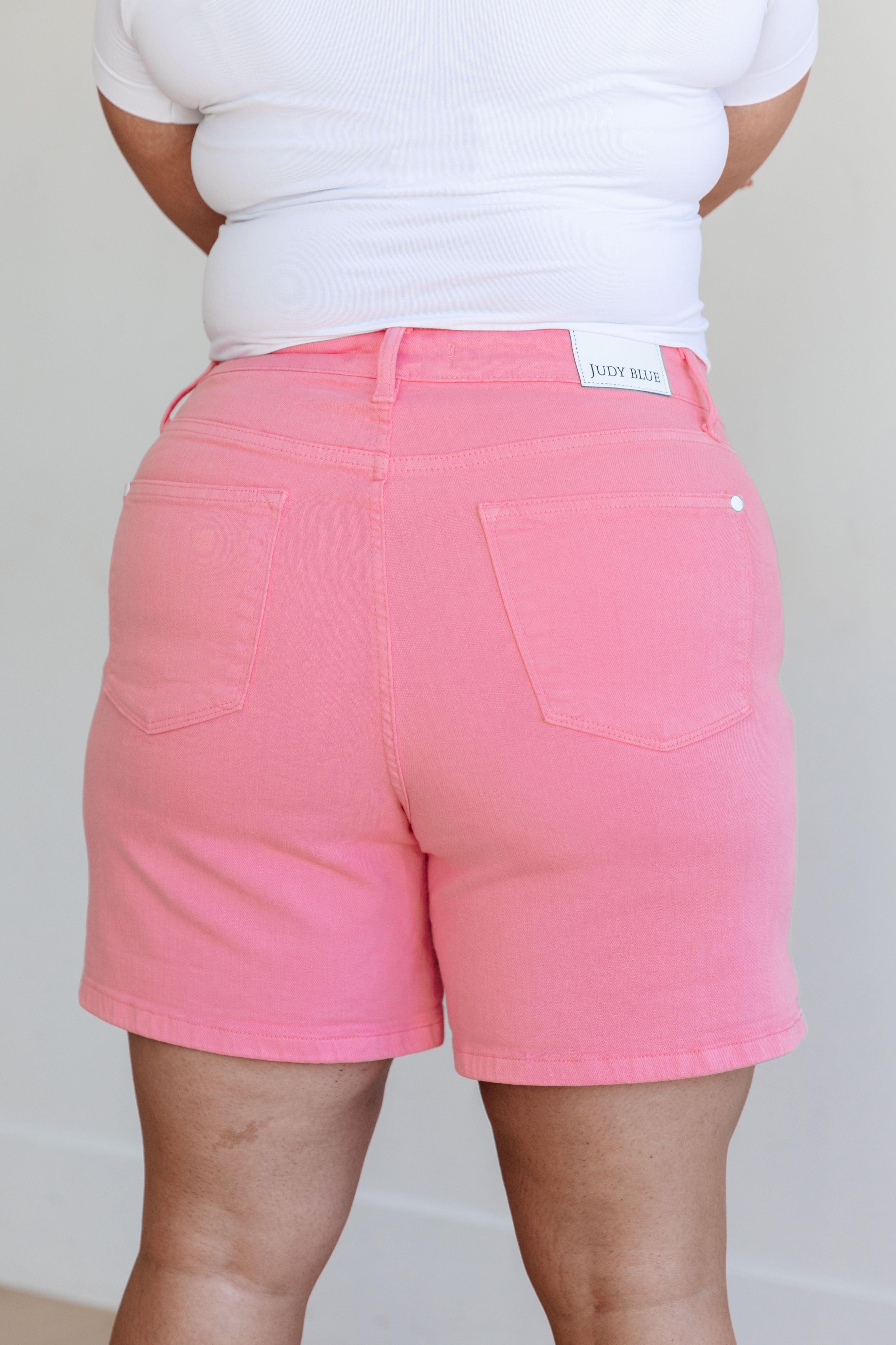 Judy Blue Pink High Rise Control Top Cuffed Shorts | Denim Shorts Daverri Fashions