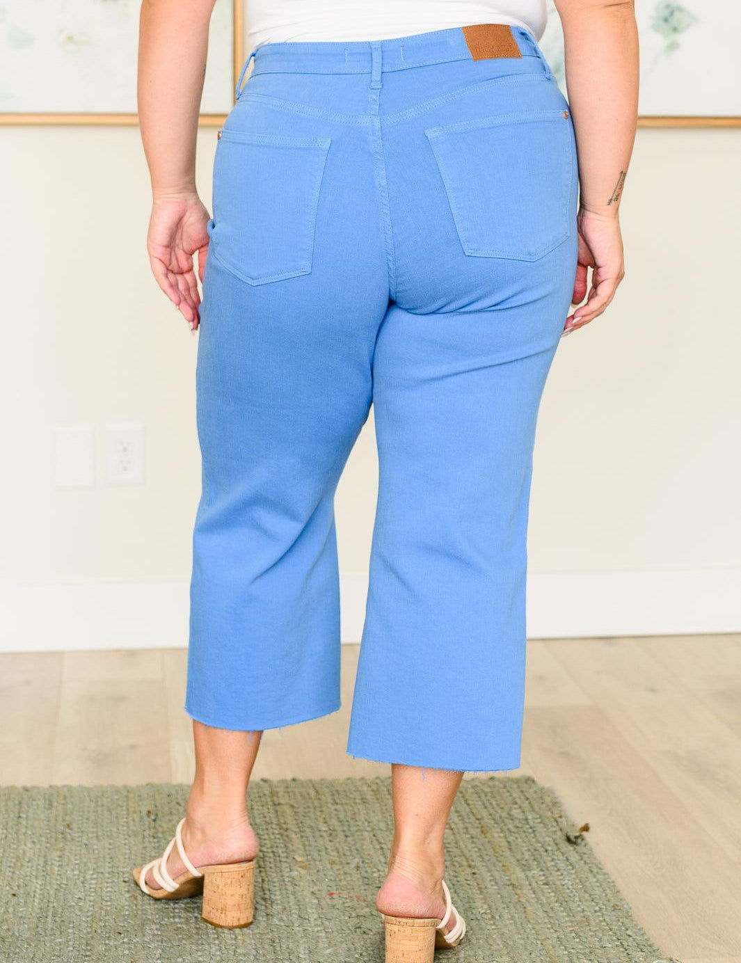 Lisa High Rise Control Top Wide Leg Crop Jeans in Sky Blue | Jeans Daverri Fashions