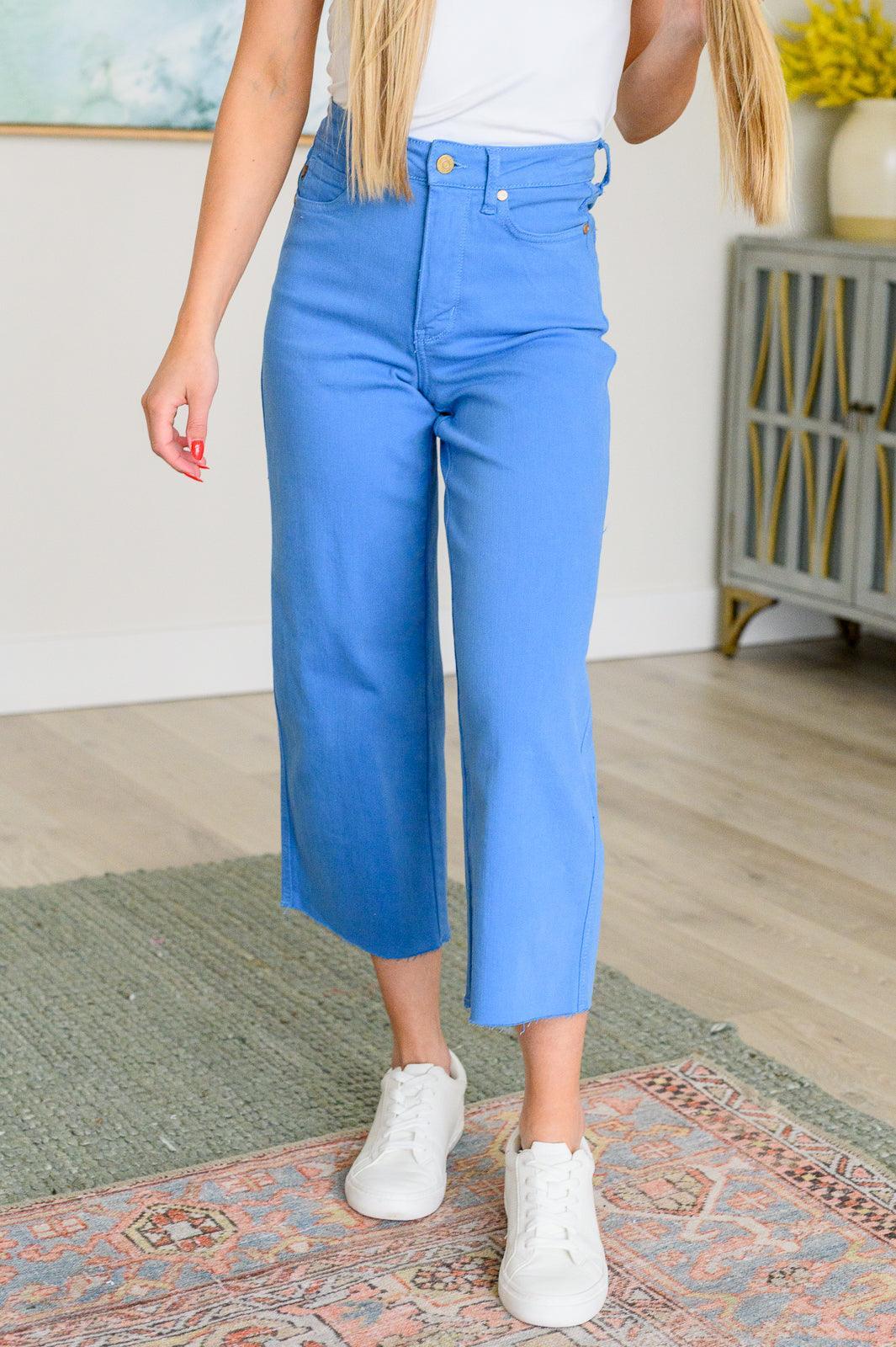Lisa High Rise Control Top Wide Leg Crop Jeans in Sky Blue | Jeans Daverri Fashions