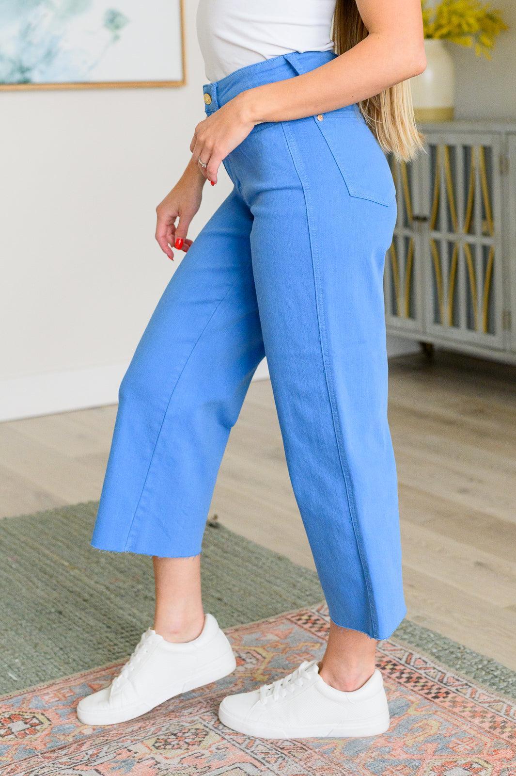 Lisa High Rise Control Top Wide Leg Crop Jeans in Sky Blue | Jeans Daverri Fashions