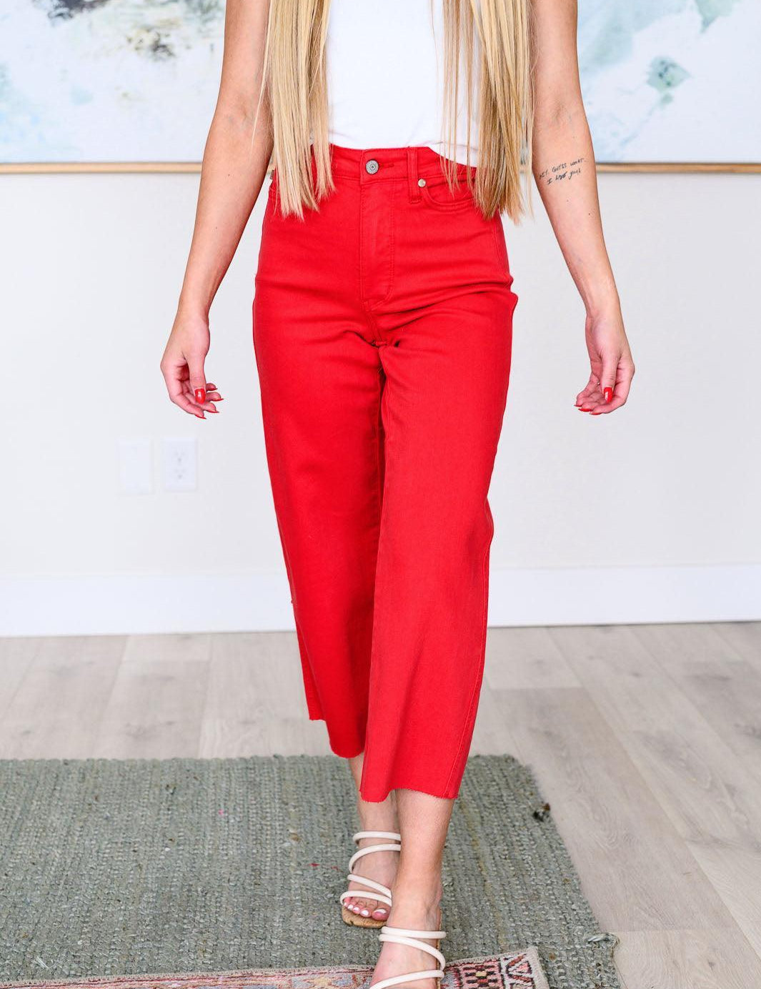 14W Red Judy Blue Red High Rise Control Top Wide Leg Crop Jeans | Jeans Daverri Fashions