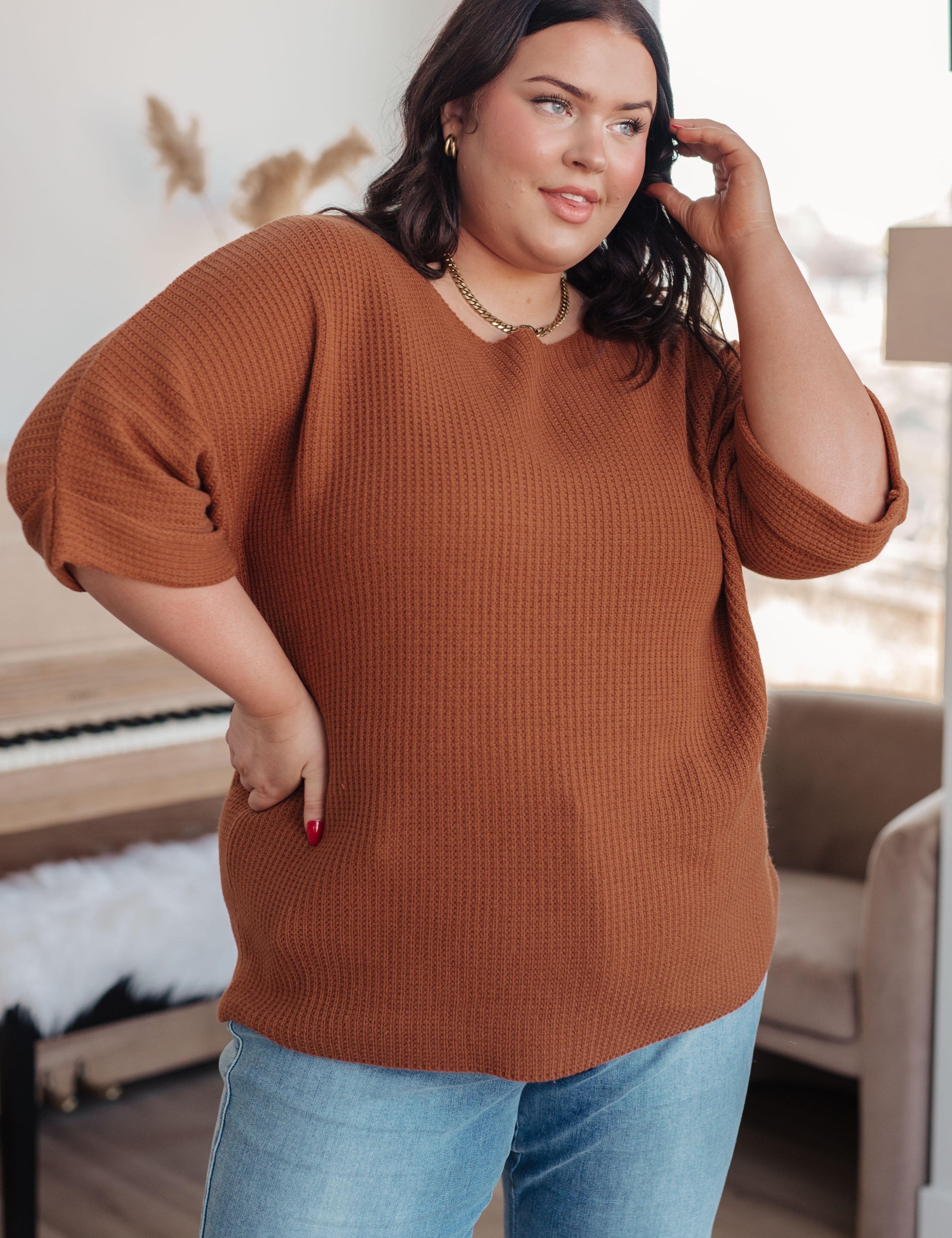 Lotta Love Knitted Sweater Top in Rust | Tops Daverri Fashions