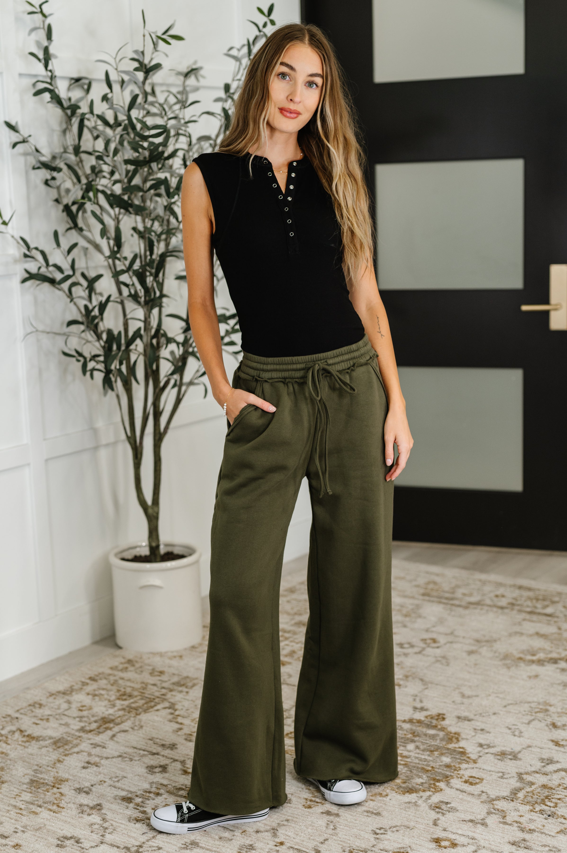 Lounge Line Wide Leg Sweats in Dark Olive | Womens Daverri Fashions