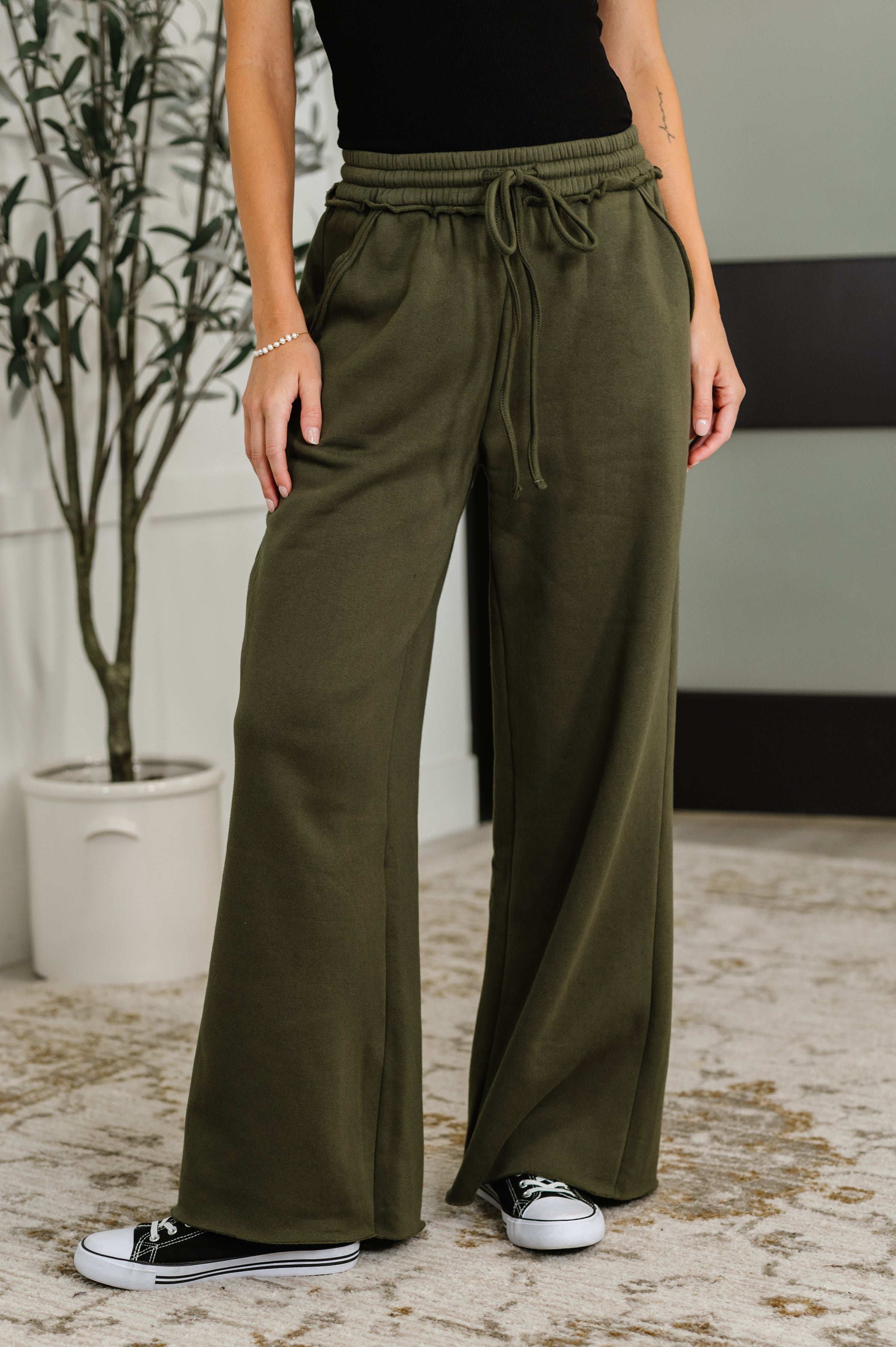 Lounge Line Wide Leg Sweats in Dark Olive | Womens Daverri Fashions