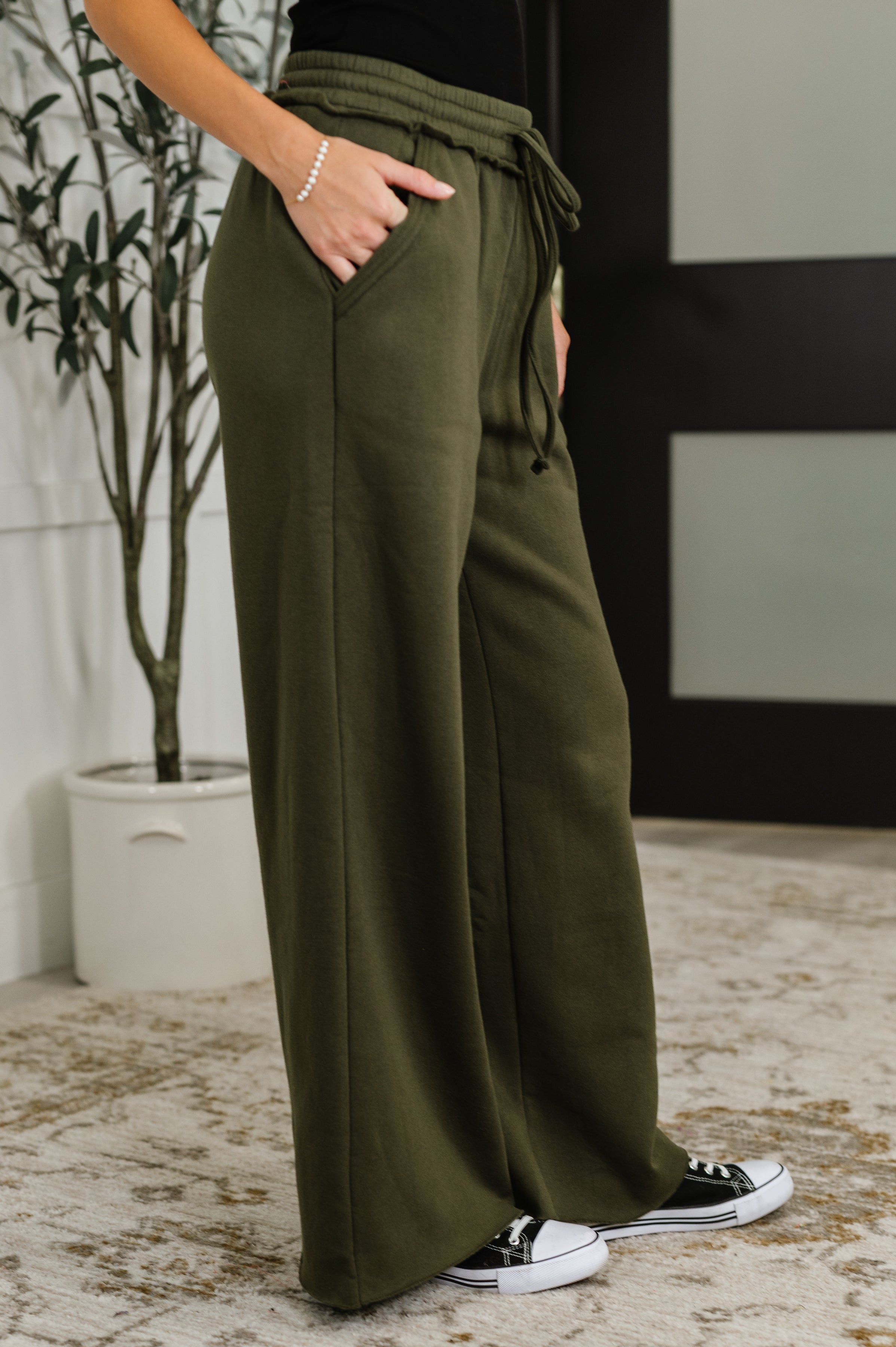 Lounge Line Wide Leg Sweats in Dark Olive | Womens Daverri Fashions