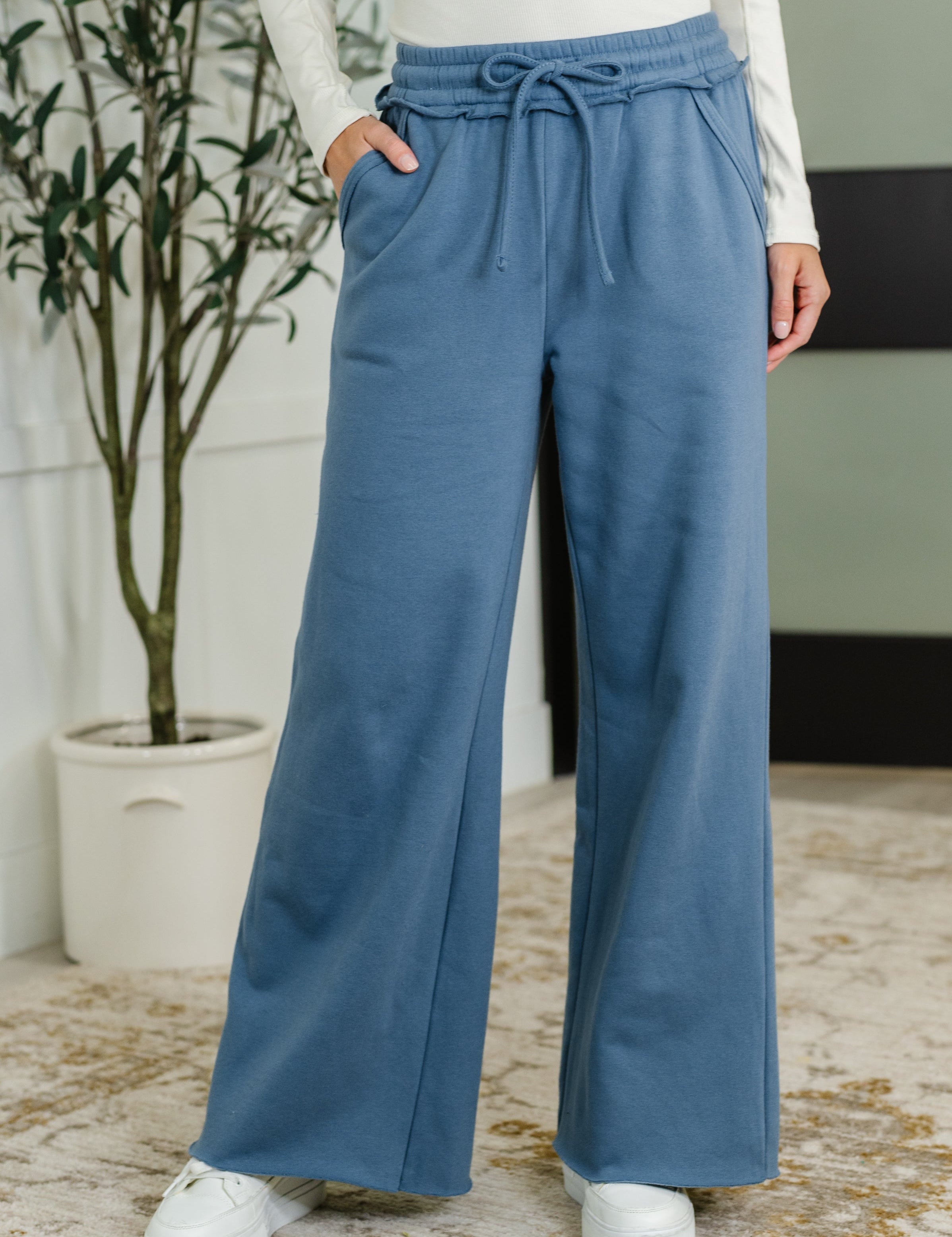 Lounge Line Wide Leg Sweats in Dusty Blue | Womens Daverri Fashions