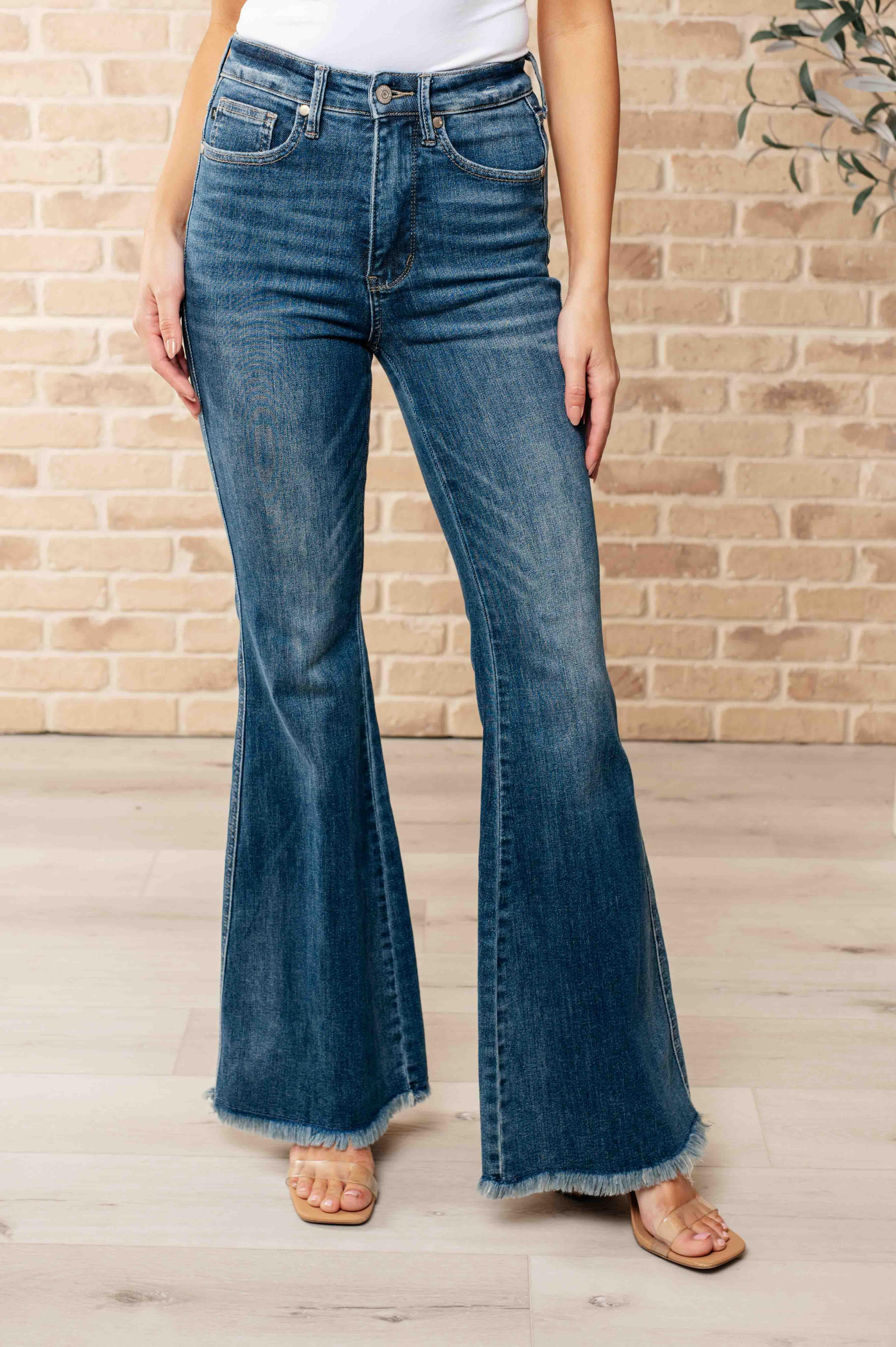Judy Blue High Waist Control Top Frayed Hem Flare Jeans | Jeans Daverri Fashions