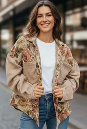 Floral Waffle Knit Patchwork Chest Pockets Buttoned Jacket | Jackets Daverri Fashions