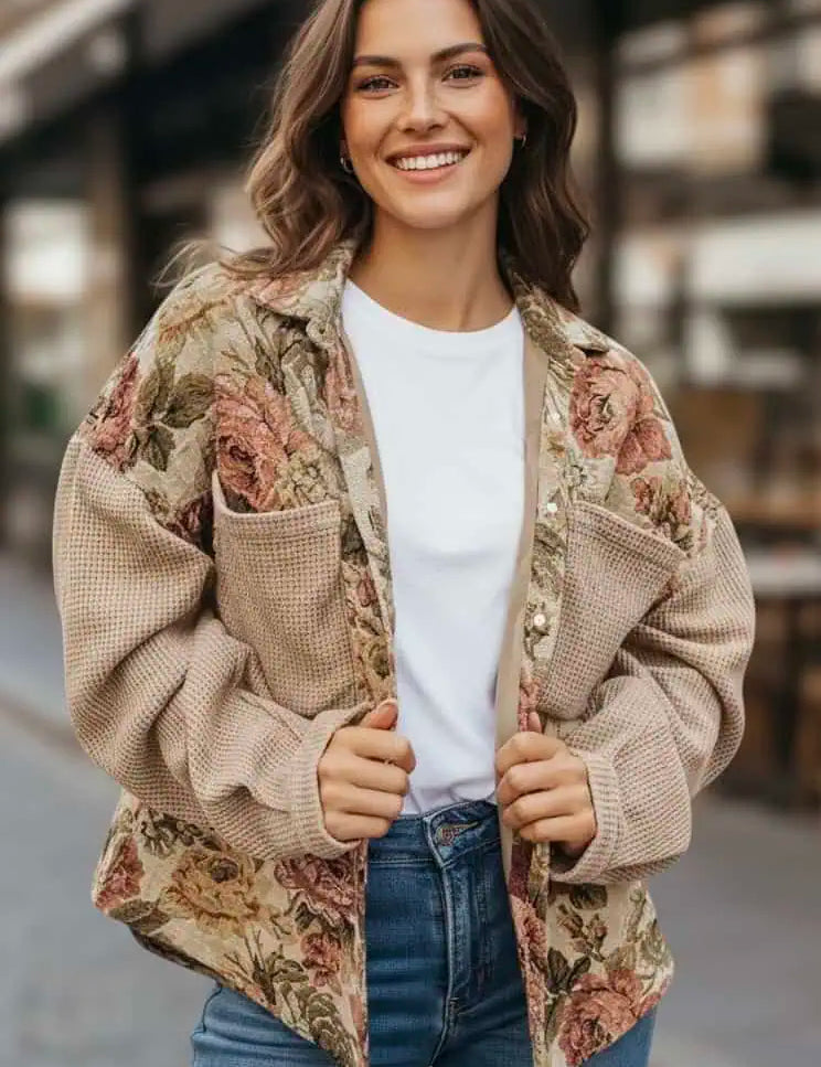 Floral Waffle Knit Patchwork Chest Pockets Buttoned Jacket | Jackets Daverri Fashions