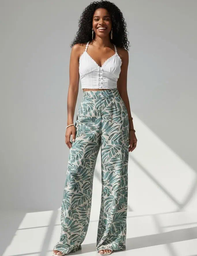 High Waisted Abstract Print Boho Palazzo Pants | Pants Daverri Fashions
