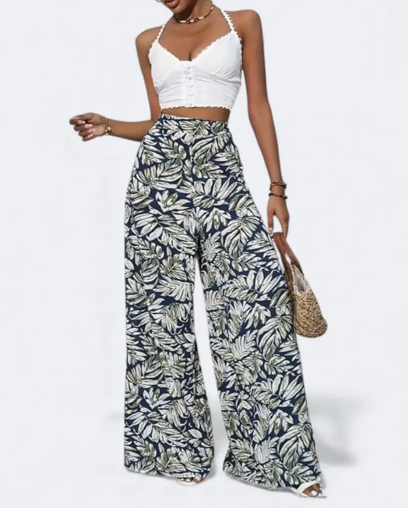 Green High Waisted Abstract Print Boho Palazzo Pants | Pants Daverri Fashions