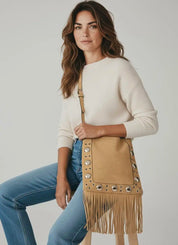 Faux Suede Grommet Accent Fringe Tote Bag Taupe | Daverri Fashions