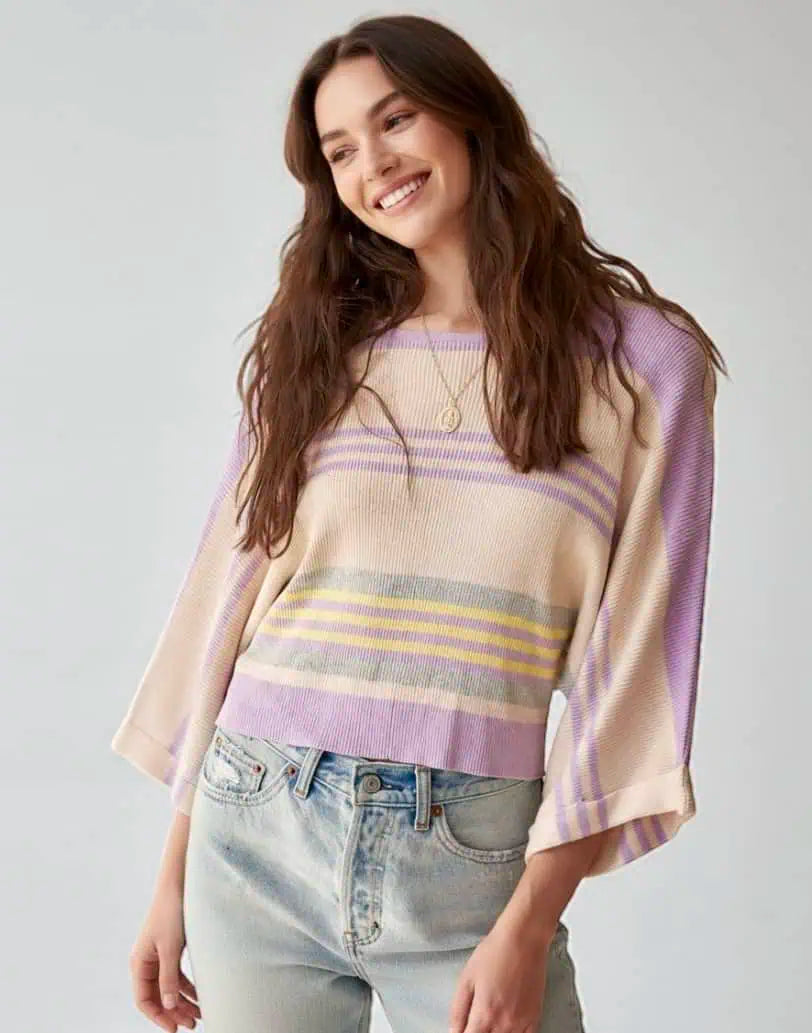 Contrast Striped Round Neck Three-Quarter Sleeve Top | Knit Tops Daverri Fashions