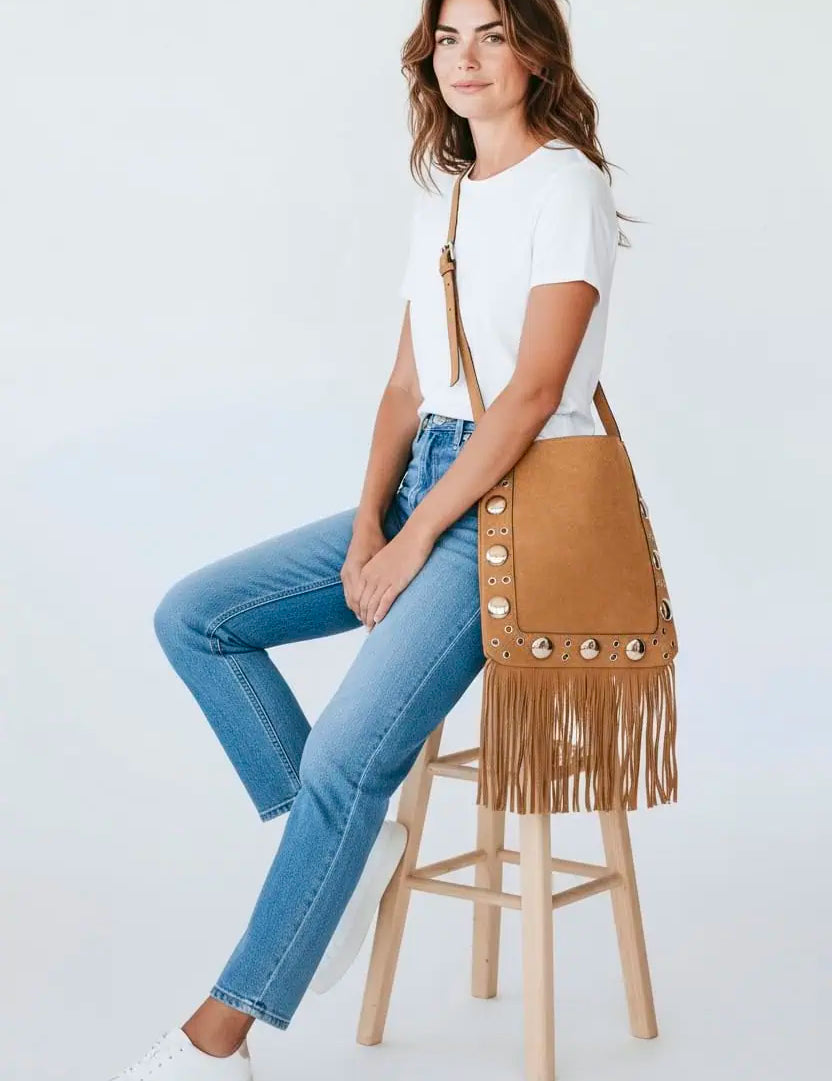 Faux Suede Grommet Accent Fringe Tote Bag Light Brown | Handbags Daverri Fashions