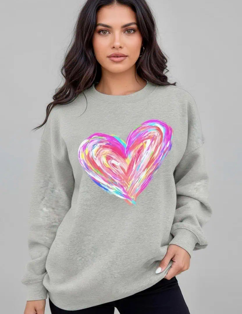 Valentine’s Day Heart Round Neck Drop Shoulder Sweatshirt | Sweatshirts Daverri Fashions