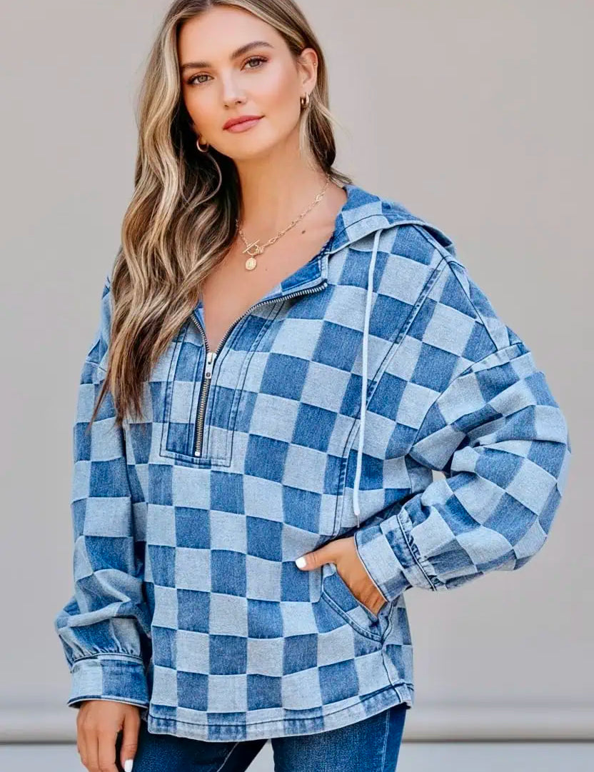 Checkered Half Zip Denim Hoodie Top | Hoodies Daverri Fashions