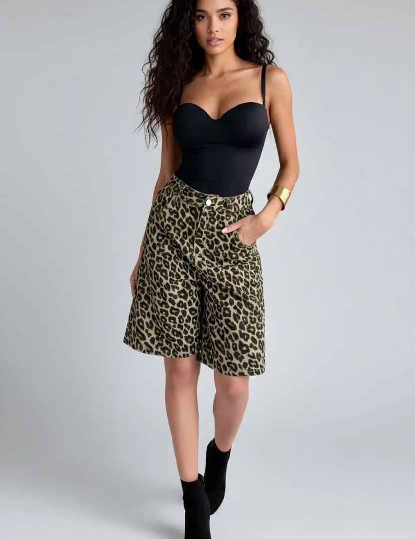 Leopard Print High-Waisted Denim Shorts | Shorts Daverri Fashions