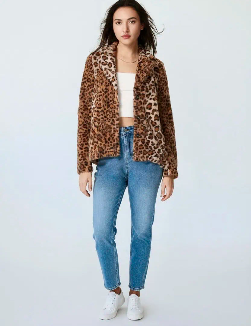 Fuzzy Leopard Collared Neck Jacket | Daverri Fashions