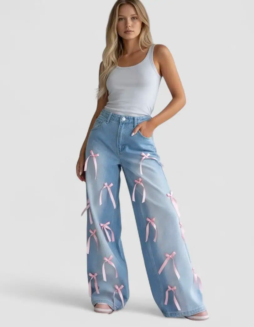 Bow Decorated Wide Leg Denim Jeans | Jeans Daverri Fashions