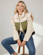 Color Block Ruffle Trim Puffer Vest | Vest Jackets Daverri Fashions