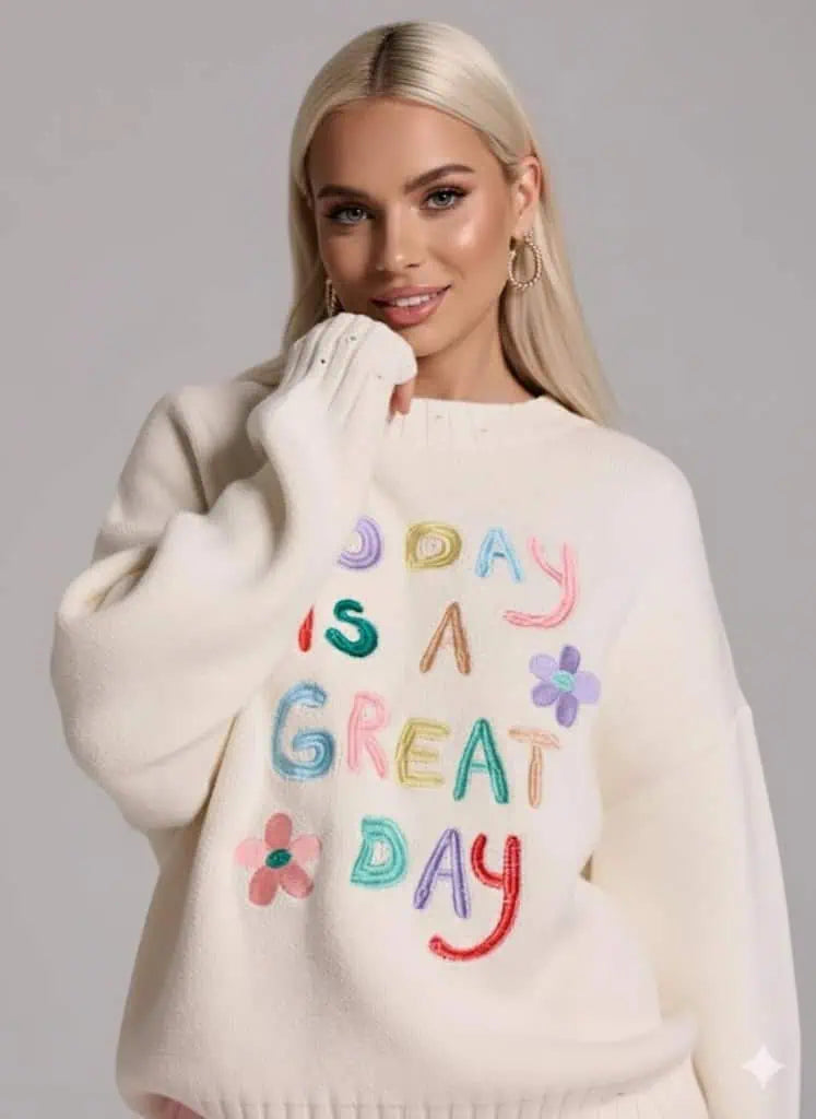 Embroidered 'Great Day' Dropped Shoulder Sweater | Sweaters Daverri Fashions