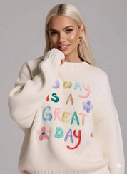 Embroidered 'Great Day' Dropped Shoulder Sweater | Sweaters Daverri Fashions