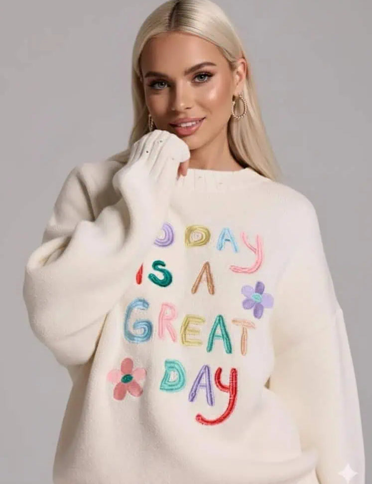 Embroidered 'Great Day' Dropped Shoulder Sweater | Sweaters Daverri Fashions