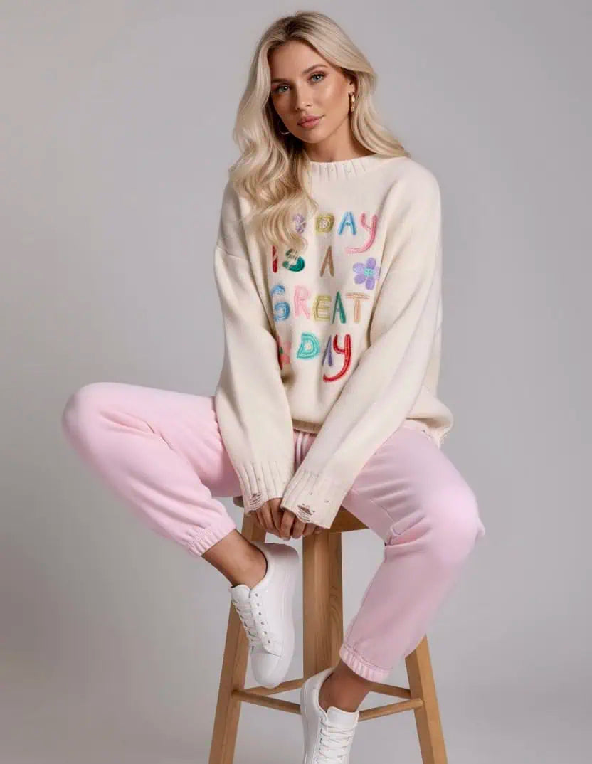 Embroidered 'Great Day' Dropped Shoulder Sweater | Sweaters Daverri Fashions