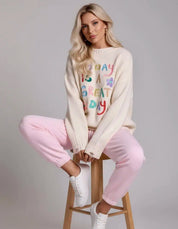 Embroidered 'Great Day' Dropped Shoulder Sweater | Sweaters Daverri Fashions