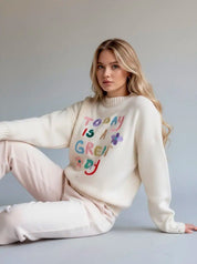 Embroidered 'Great Day' Dropped Shoulder Sweater | Sweaters Daverri Fashions