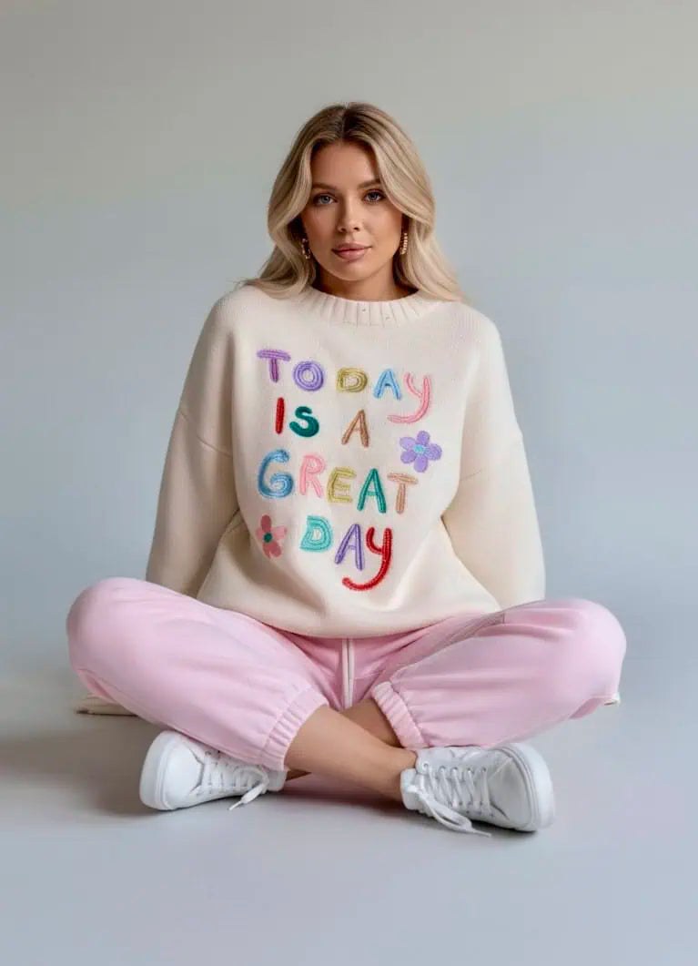 Embroidered 'Great Day' Dropped Shoulder Sweater | Sweaters Daverri Fashions