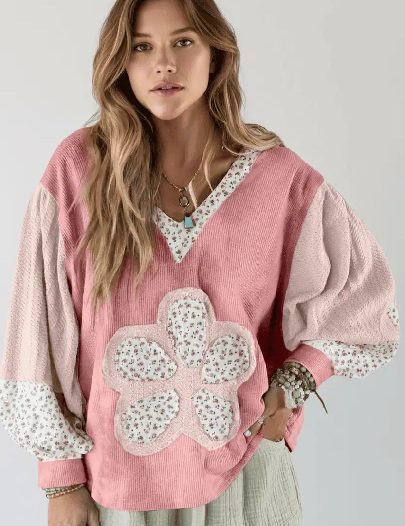 Floral Patch V-Neck Sweatshirt | Sweatshirts Daverri Fashions
