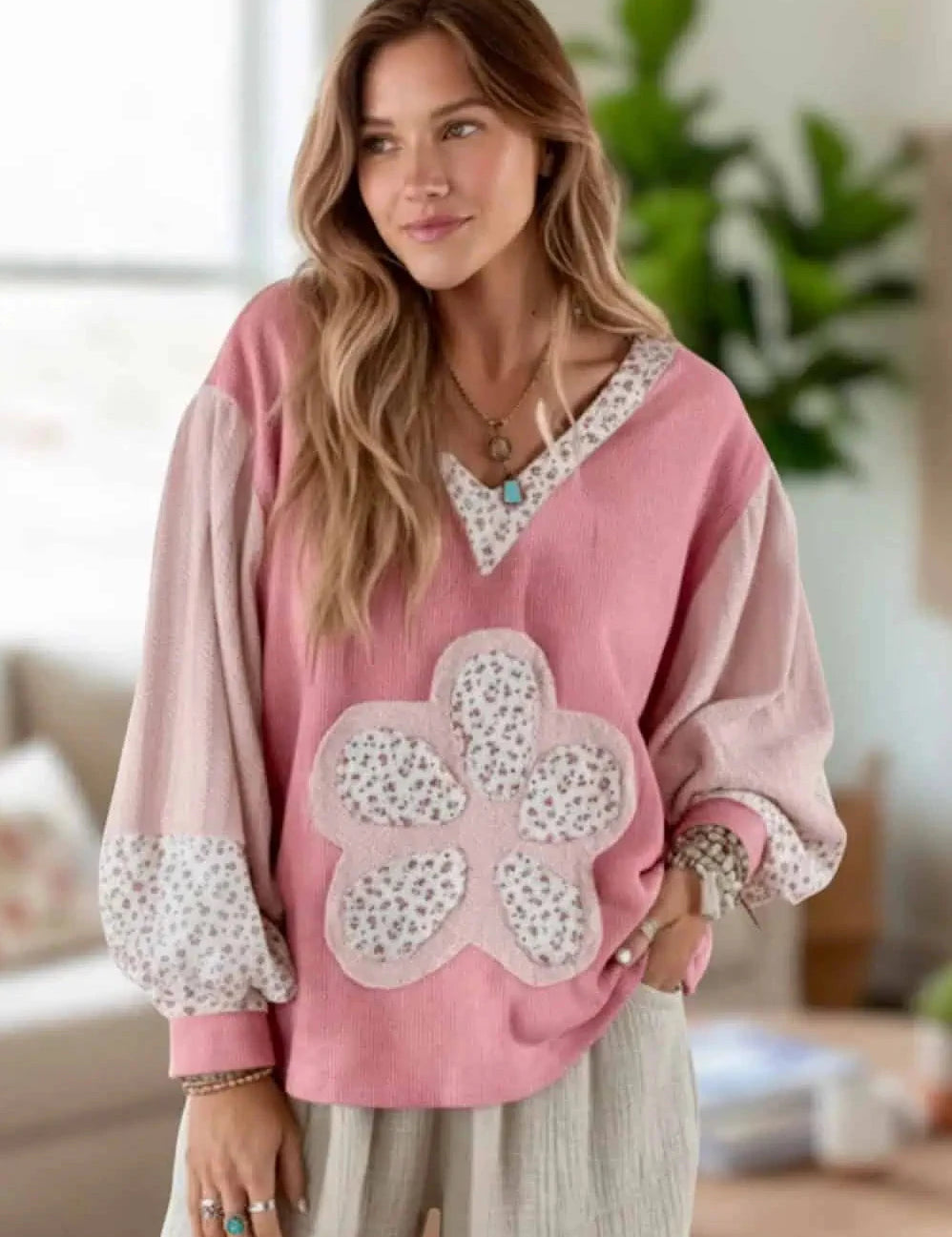 Floral Patch V-Neck Sweatshirt | Sweatshirts Daverri Fashions