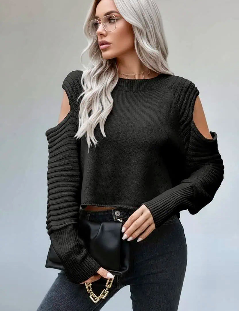 Cold-Shoulder Ribbed Trim Sweater | Sweaters Daverri Fashions