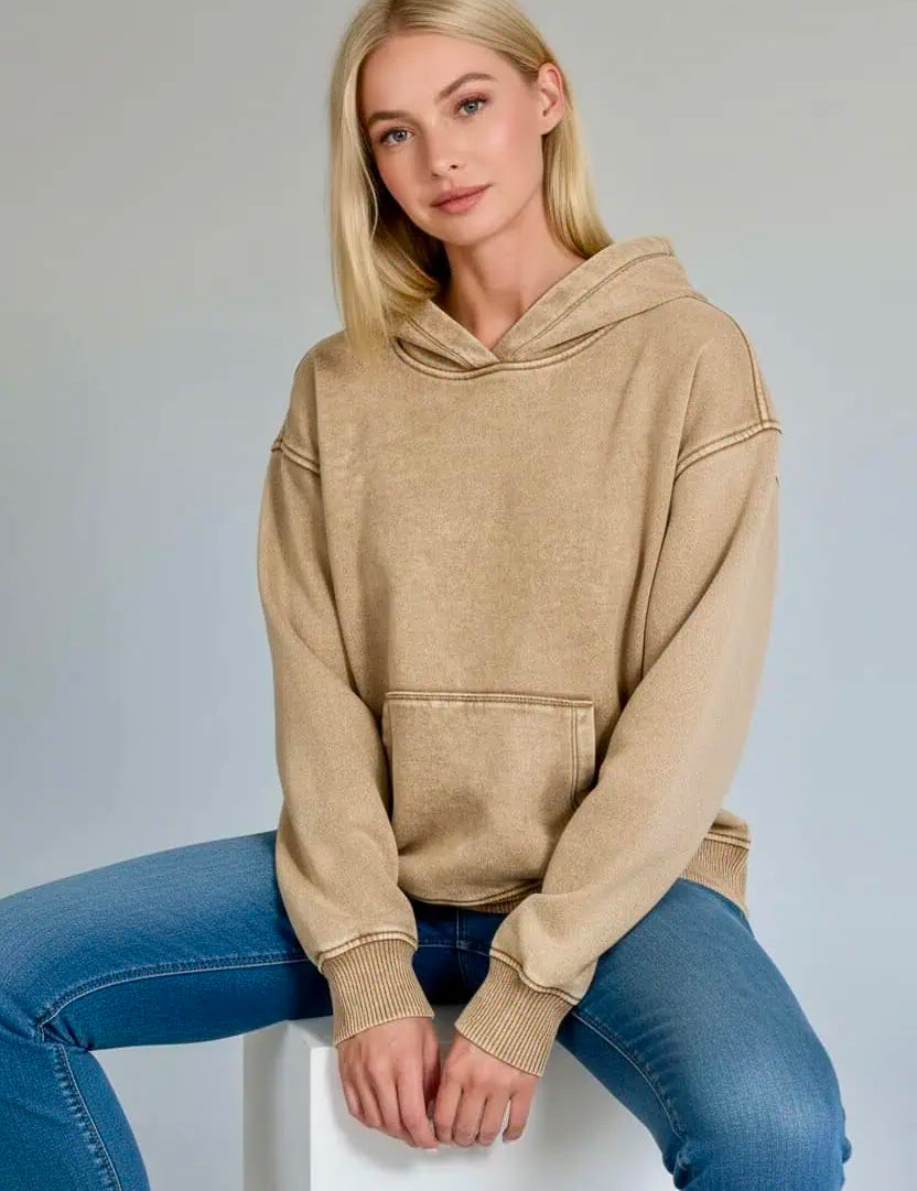 Zenana Fleece Acid Wash Kangaroo Pocket Hoodie | Hoodies Daverri Fashions