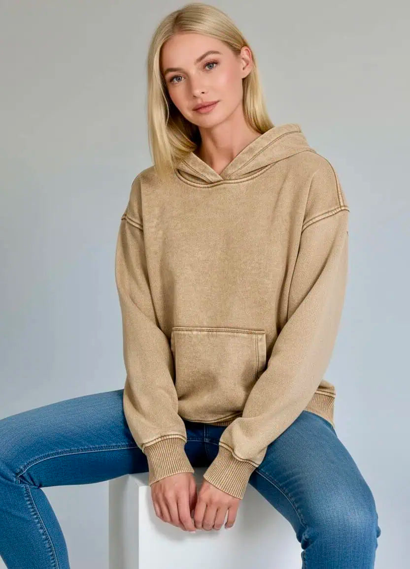 Zenana Fleece Acid Wash Kangaroo Pocket Hoodie | Hoodies Daverri Fashions
