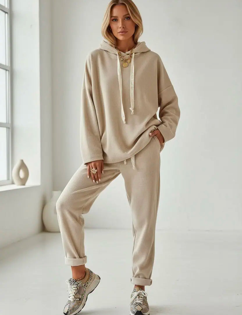 Lace Drawstring Hoodie and High Waist Pants Corduroy Suit | Loungewear Sets Daverri Fashions