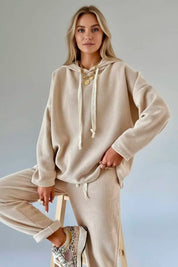 Lace Drawstring Hoodie and High Waist Pants Corduroy Suit | Loungewear Sets Daverri Fashions