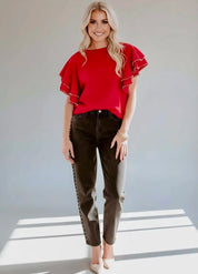 Ruffle Sleeve Pearl Embellished Knit Top | Knit Tops Daverri Fashions