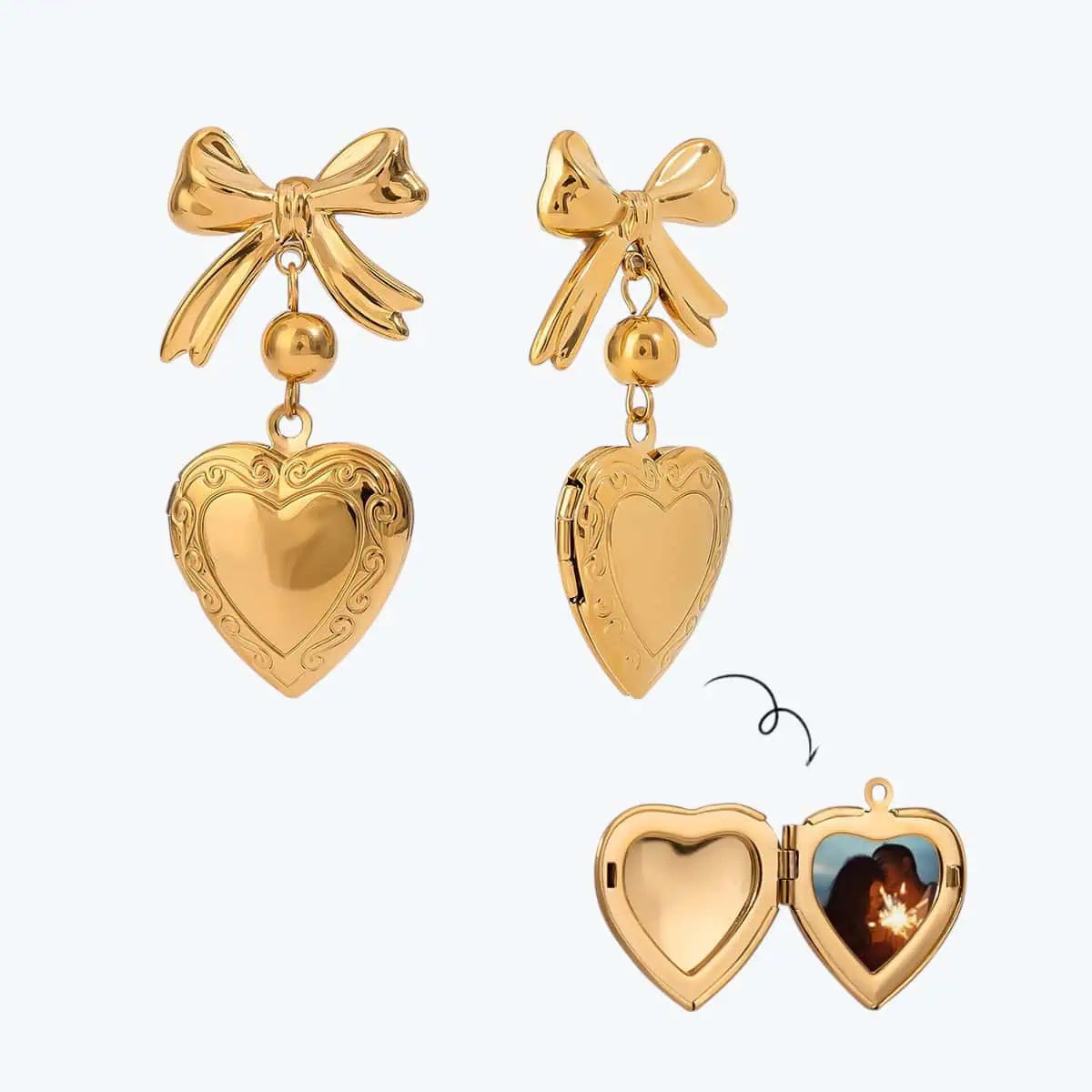 18K Gold-Plated Bow Heart Drop Locket Earrings | Earrings Daverri Fashions