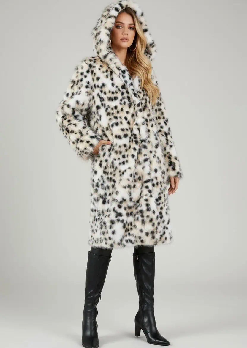 Thermal Leopard Faux Fur Hooded Coat | Coats Daverri Fashions