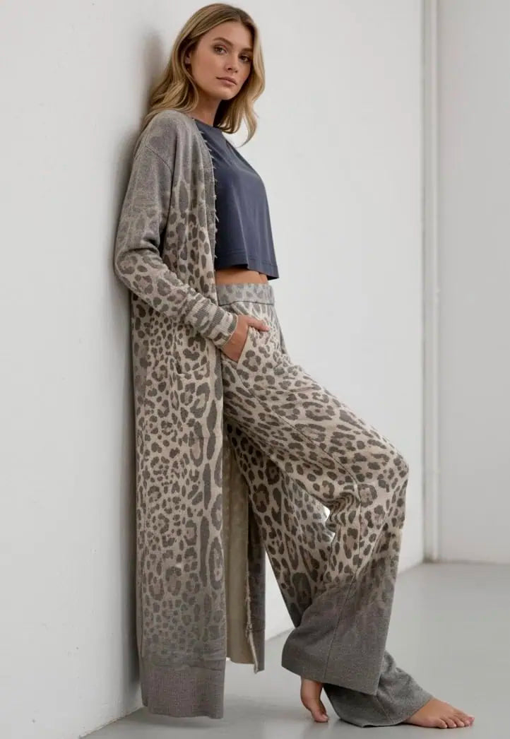 Long Sleeve Leopard Print Longline Top and Pants Set | Loungewear Sets Daverri Fashions