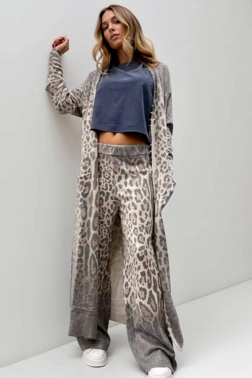 Long Sleeve Leopard Print Longline Top and Pants Set | Loungewear Sets Daverri Fashions
