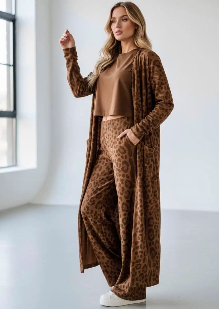 Long Sleeve Leopard Print Longline Top and Pants Set | Loungewear Sets Daverri Fashions
