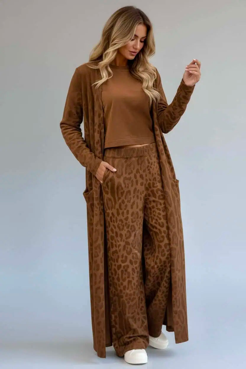 Long Sleeve Leopard Print Longline Top and Pants Set | Loungewear Sets Daverri Fashions